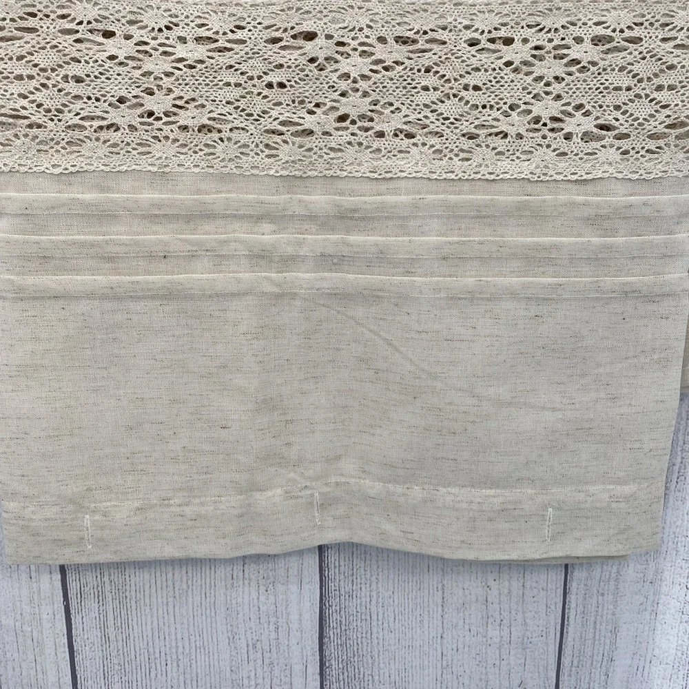 DKNY Shower Curtain Beige Linen Blend Crochet Lace Pleated Rustic Boho Natural